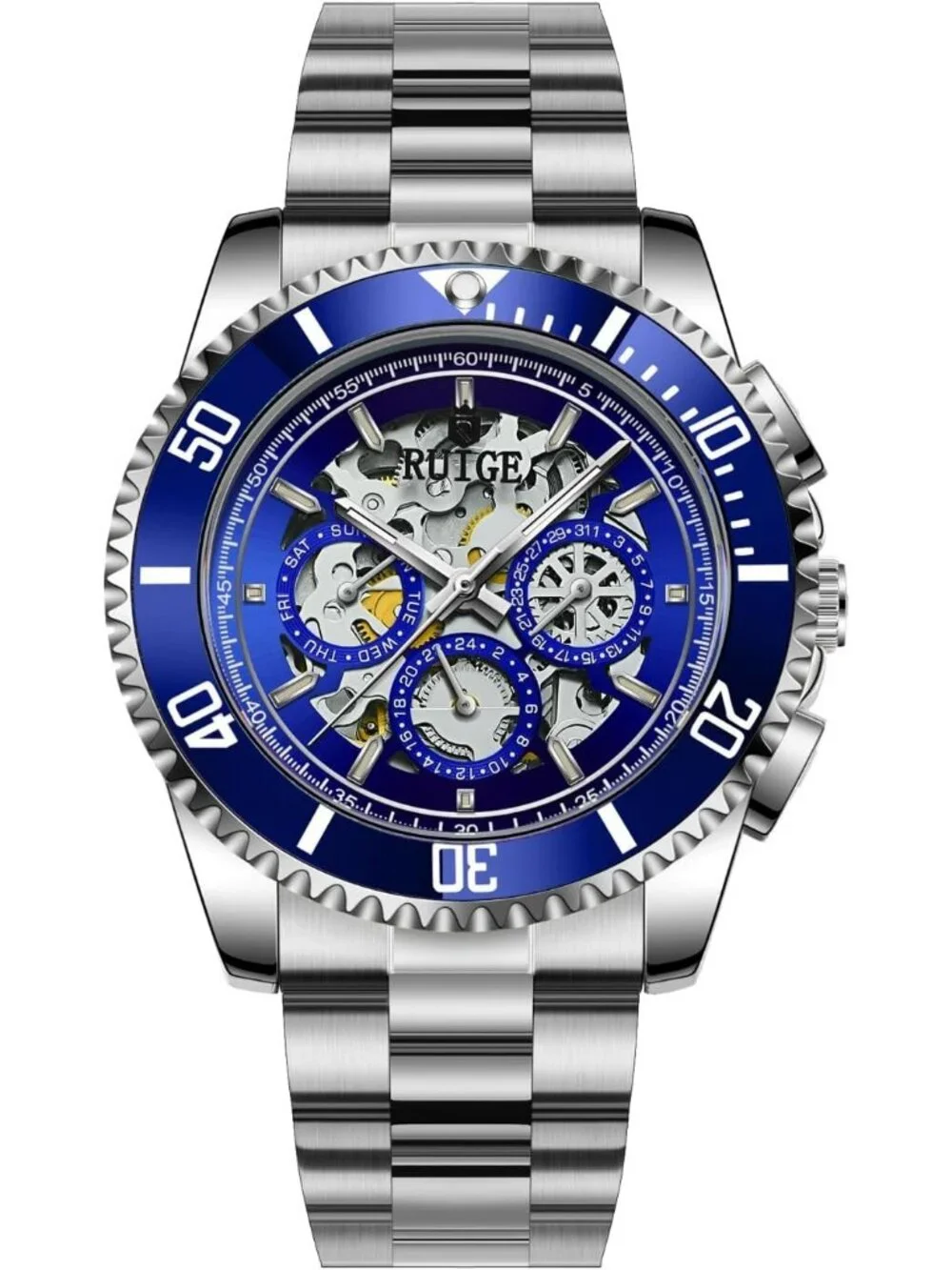 Men's Blue Automatic Skeleton 43mm Mechanical Luminous Stainless Steel Watch